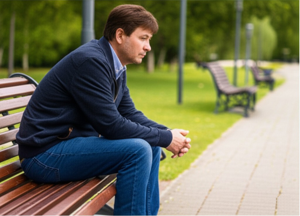 Un hombre sentado solo, en una pose introspectiva