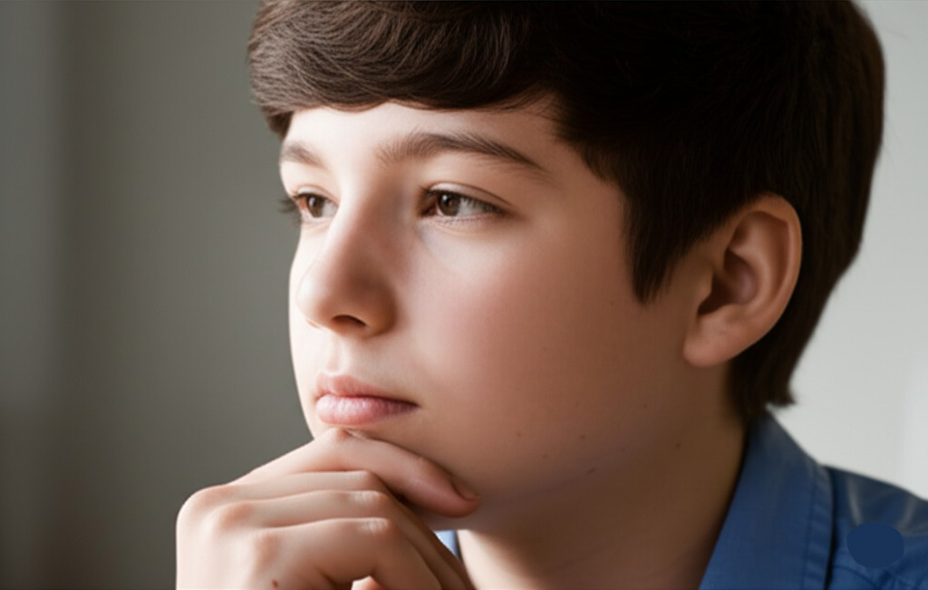 Un niño o adolescente con aspecto pensativo o triste